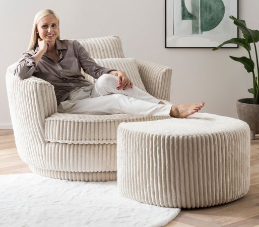 Drehsessel Comfy in wollwei Mega-Cord XL Sessel 360 drehbar inklusive 3 x Kissen