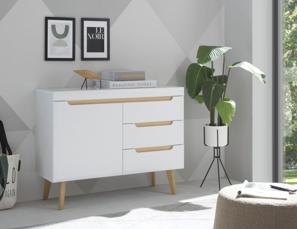 Sideboard Isgard in wei matt und Scandi Eiche Kommode skandinavisch 107 x 83 cm