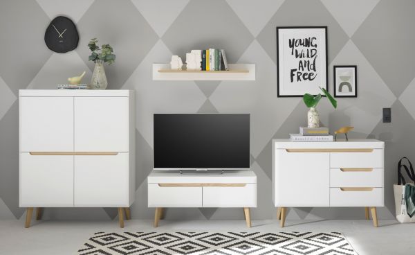 Sideboard Isgard in wei matt und Scandi Eiche Kommode skandinavisch 107 x 83 cm