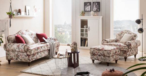 Sofa 3,5-Sitzer Elita in creme Landhaus Blumen Design Couch 228 cm