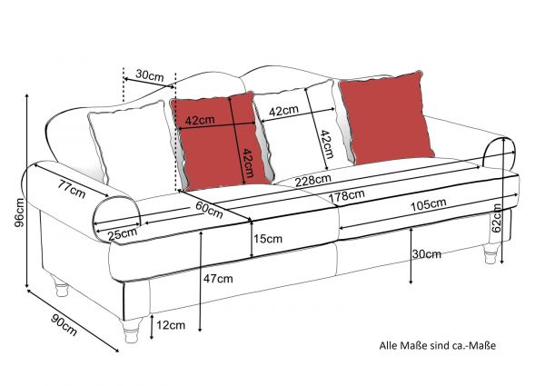Sofa 3,5-Sitzer Elita in creme Landhaus Blumen Design Couch 228 cm