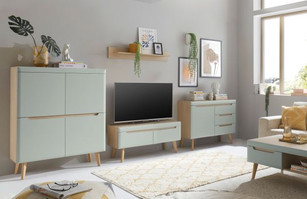 Wohnwand Isgard in Pistazie matt und Scandi Eiche Wohnkombination skandinavisch 4-teilig 361 cm