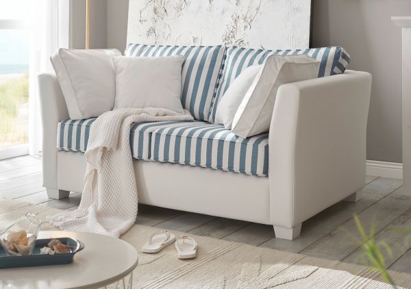 Sofa Hooge in creme und blau Landhaus Couch 2-Sitzer 160 cm inkl. 4 Kissen