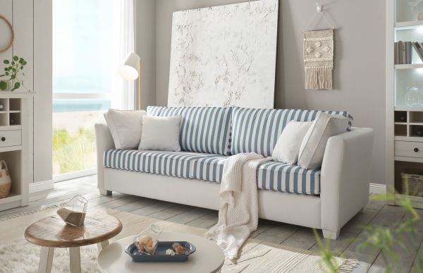 Sofa Hooge in creme und blau Landhaus Wohnzimmer Couch 2,5-Sitzer 200 cm