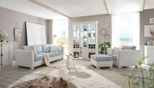 Sofa Hooge in creme und blau Landhaus Wohnzimmer Couch 2,5-Sitzer 200 cm