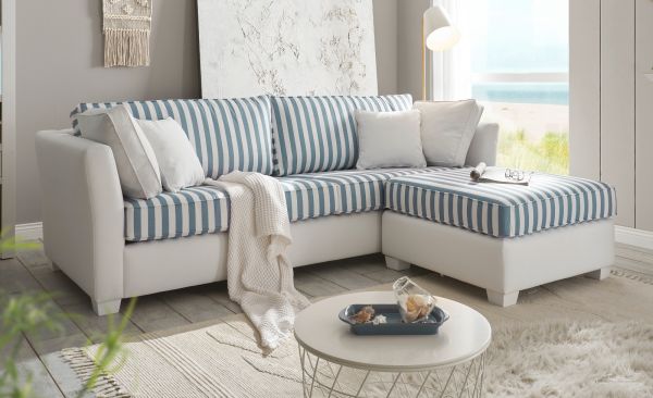 Sofa Set Hooge in creme und blau Landhaus Wohnzimmer Couch 3-Sitzer inklusive Hocker