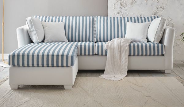 Sofa Set Hooge in creme und blau Landhaus Wohnzimmer Couch 3-Sitzer inklusive Hocker