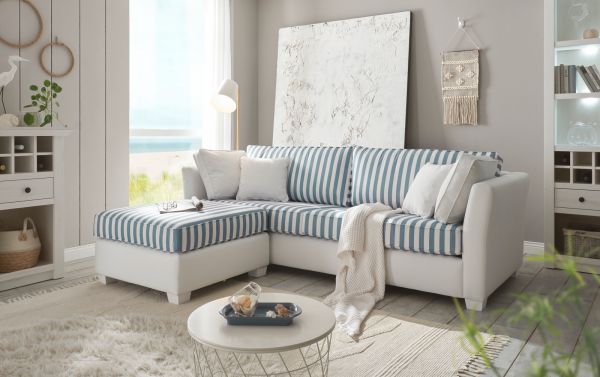 Sofa Set Hooge in creme und blau Landhaus Wohnzimmer Couch 3-Sitzer inklusive Hocker