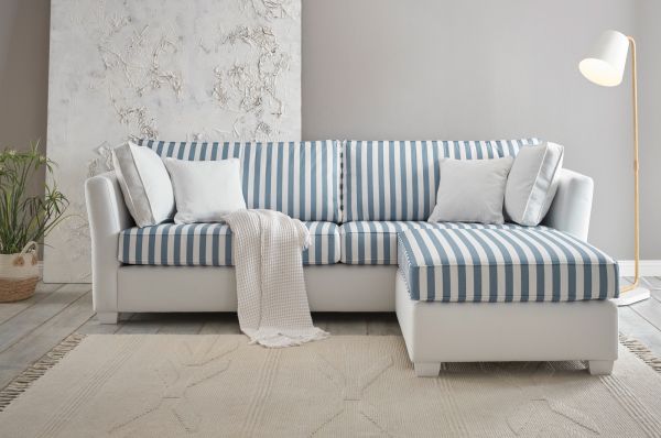 Sofa Set Hooge in creme und blau Landhaus Wohnzimmer Couch 3-Sitzer inklusive Hocker