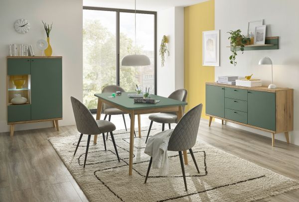 Esstisch Juna in Salbei und Evoke Eiche Kchentisch skandinavisch ausziehbar 140 / 180 x 80 cm
