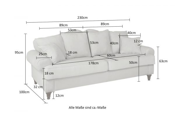 Sofa Adelina in grau Landhaus Couch 3,5-Sitzer 230 cm