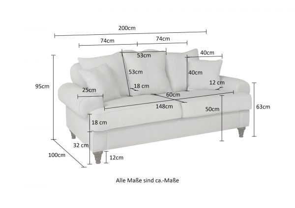 Sofa Adelina in grau Landhaus Couch 3-Sitzer 200 cm