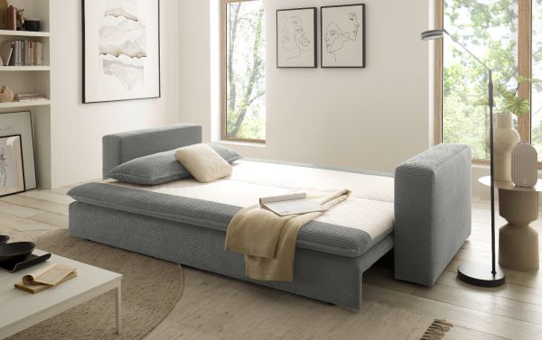 Schlafsofa Pesaro in hellgrau Cord Sofa 3-Sitzer mit Bettfunktion 244 cm