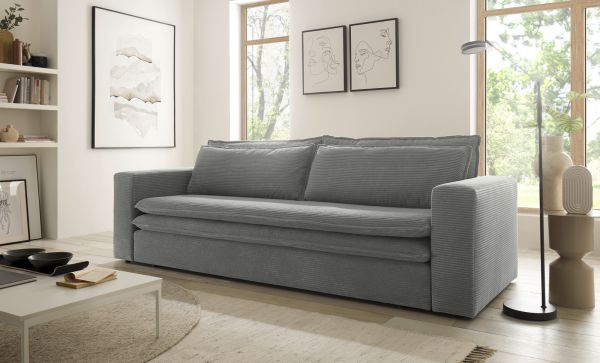 Schlafsofa Pesaro in hellgrau Cord Sofa 3-Sitzer mit Bettfunktion 244 cm