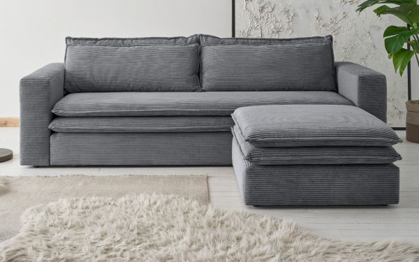 Sofa Set Pesaro in grau Cord Couch 3-Sitzer mit Bettfunktion inklusive Hocker