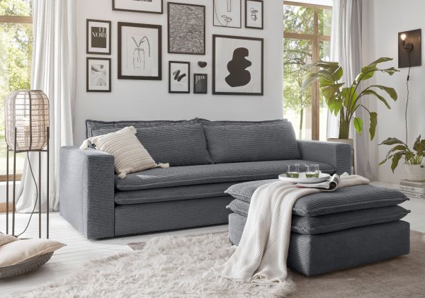 Sofa Set Pesaro in grau Cord Couch 3-Sitzer mit Bettfunktion inklusive Hocker