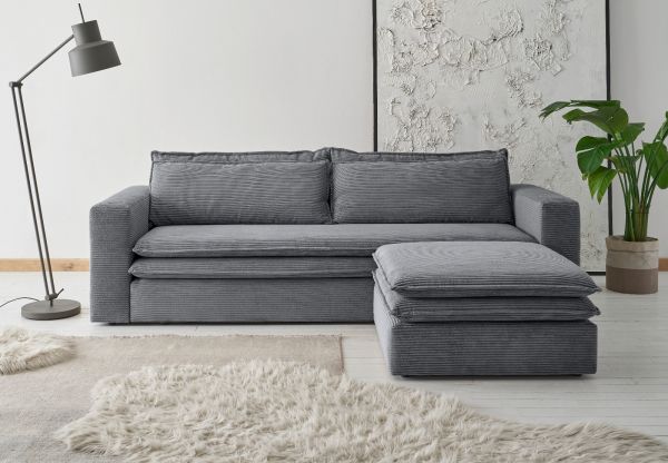 Sofa Set Pesaro in grau Cord Couch 3-Sitzer mit Bettfunktion inklusive Hocker