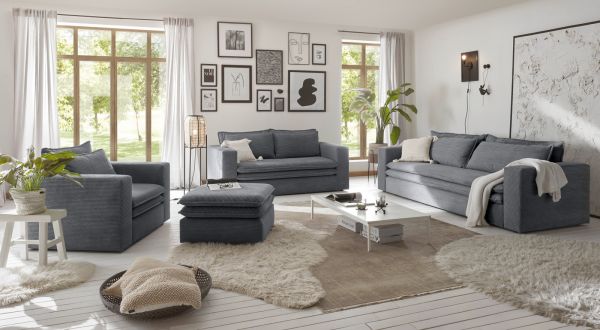 Sofa Set Pesaro in grau Cord Couch 3-Sitzer mit Bettfunktion inklusive Hocker