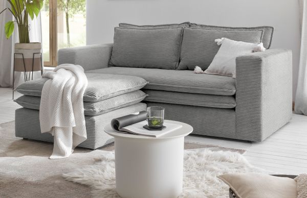 Sofa Set Pesaro in hellgrau Cord Couch 2-Sitzer inklusive Hocker
