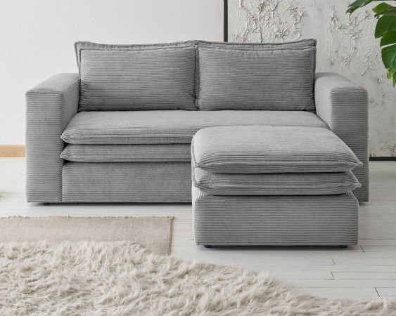 Sofa Set Pesaro in hellgrau Cord Couch 2-Sitzer inklusive Hocker