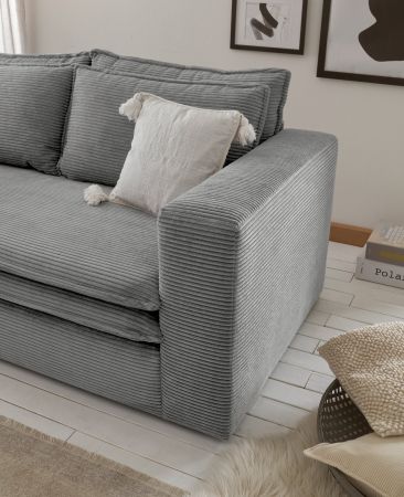 Sofa Set Pesaro in hellgrau Cord Couch 2-Sitzer inklusive Hocker