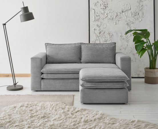 Sofa Set Pesaro in hellgrau Cord Couch 2-Sitzer inklusive Hocker