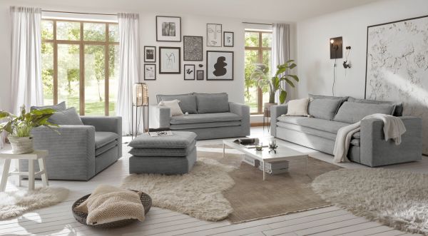 Sofa Set Pesaro in hellgrau Cord Couch 2-Sitzer inklusive Hocker