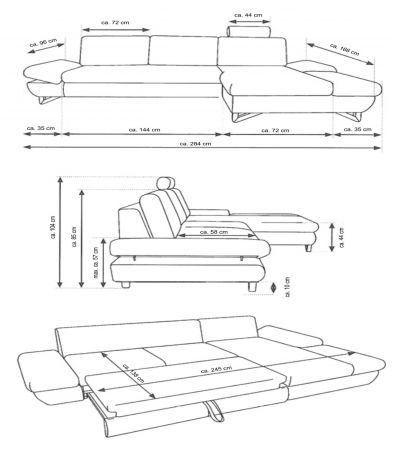 Ecksofa Skalm in blau Struktur-Stoff Sofa mit Bettfunktion und Stauraum 284 cm