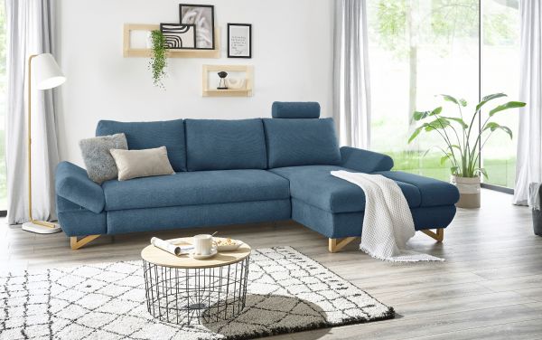 Ecksofa Skalm in blau Struktur-Stoff Sofa mit Bettfunktion und Stauraum 284 cm