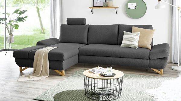 Ecksofa Skalm in grau Velours Sofa mit Bettfunktion und Stauraum 284 cm