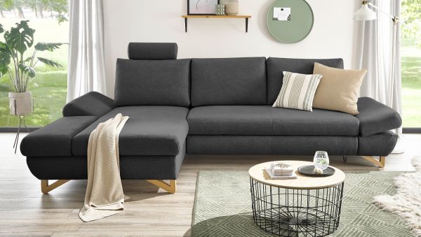 Ecksofa Skalm in grau Velours Sofa mit Bettfunktion und Stauraum 284 cm