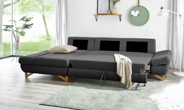 Ecksofa Skalm in grau Velours Sofa mit Bettfunktion und Stauraum 284 cm