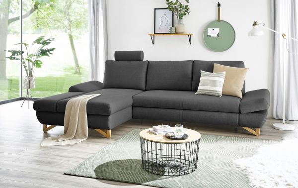 Ecksofa Skalm in grau Velours Sofa mit Bettfunktion und Stauraum 284 cm