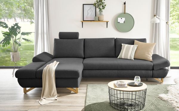 Ecksofa Skalm in grau Velours Sofa mit Bettfunktion und Stauraum 284 cm