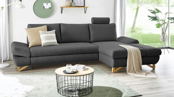 Ecksofa Skalm in grau Velours Sofa mit Bettfunktion und Stauraum 284 cm