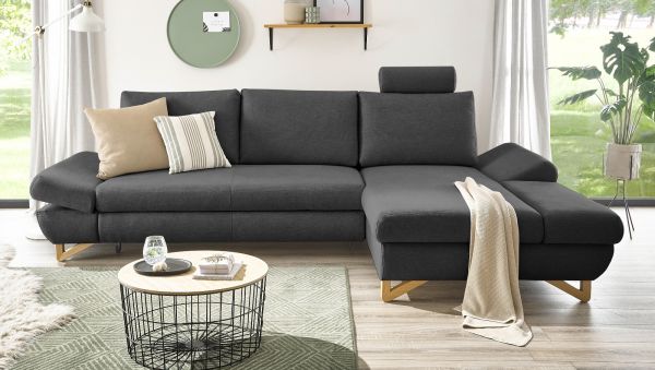 Ecksofa Skalm in grau Velours Sofa mit Bettfunktion und Stauraum 284 cm