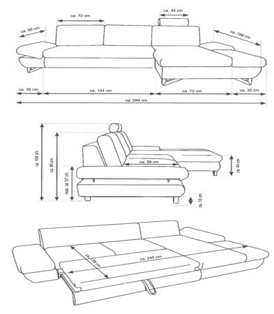 Ecksofa Skalm in grau Velours Sofa mit Bettfunktion und Stauraum 284 cm