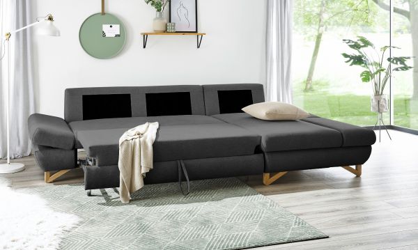 Ecksofa Skalm in grau Velours Sofa mit Bettfunktion und Stauraum 284 cm