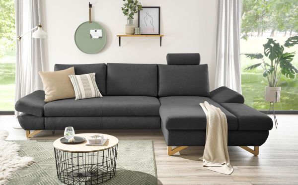 Ecksofa Skalm in grau Velours Sofa mit Bettfunktion und Stauraum 284 cm