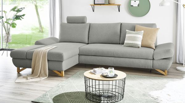 Ecksofa Skalm in hellgrau Velours Sofa mit Bettfunktion und Stauraum 284 cm