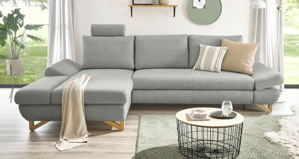 Ecksofa Skalm in hellgrau Velours Sofa mit Bettfunktion und Stauraum 284 cm