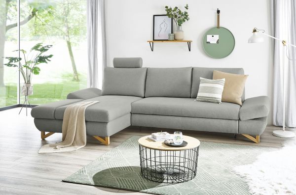 Ecksofa Skalm in hellgrau Velours Sofa mit Bettfunktion und Stauraum 284 cm