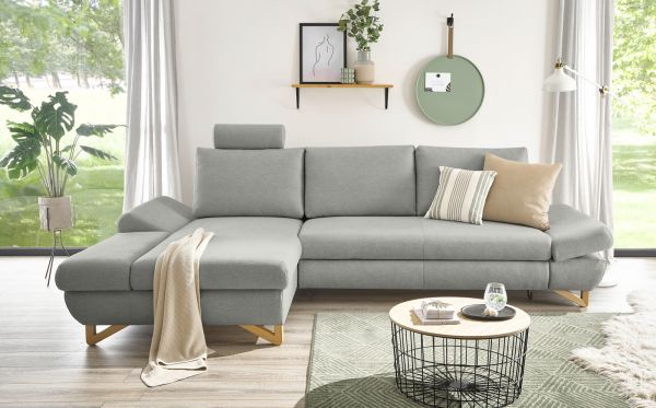 Ecksofa Skalm in hellgrau Velours Sofa mit Bettfunktion und Stauraum 284 cm