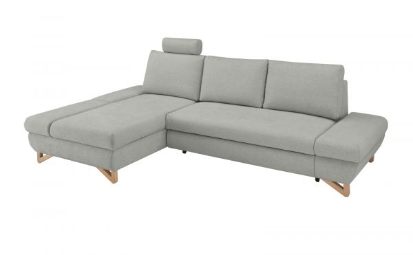 Ecksofa Skalm in hellgrau Velours Sofa mit Bettfunktion und Stauraum 284 cm