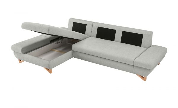 Ecksofa Skalm in hellgrau Velours Sofa mit Bettfunktion und Stauraum 284 cm