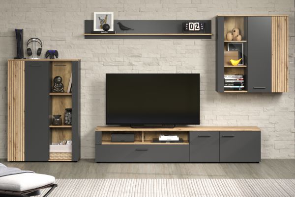 Wohnwand Esteban in grau und Evoke Eiche Schrankwand 4-teilig 340 cm
