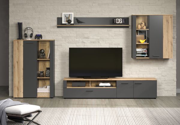 Wohnwand Esteban in grau und Evoke Eiche Schrankwand 4-teilig 340 cm