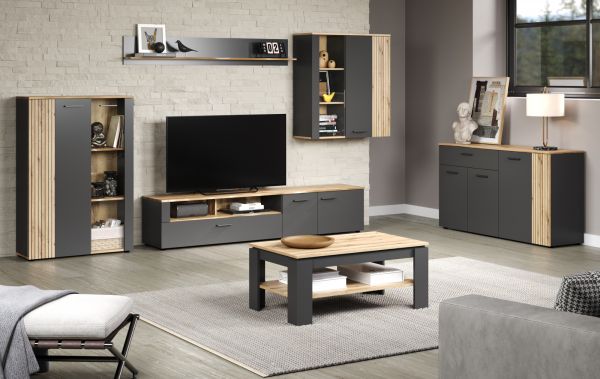 Wohnwand Esteban in grau und Evoke Eiche Schrankwand 4-teilig 340 cm