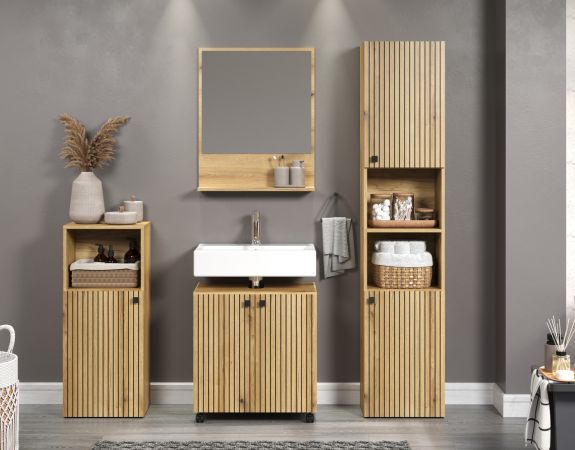 Waschbeckenunterschrank Bliss in Evoke Eiche Badschrank auf Rollen 60 cm