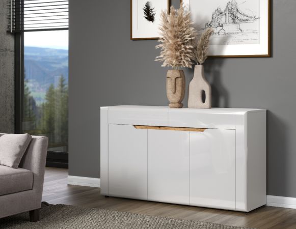 Sideboard Marlon in wei Hochglanz und Evoke Eiche Kommode 150 x 84 cm